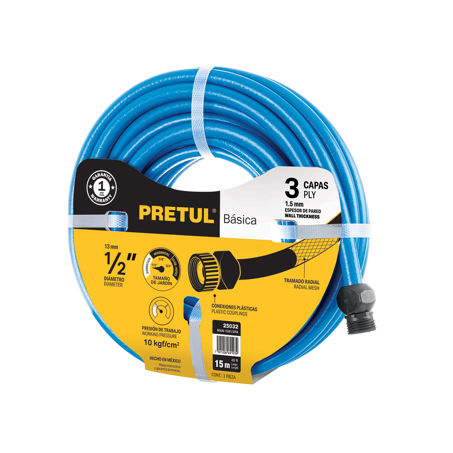 Manguera azul 1/2" 3 capas 15 m conexiones plásticas, PRETUL