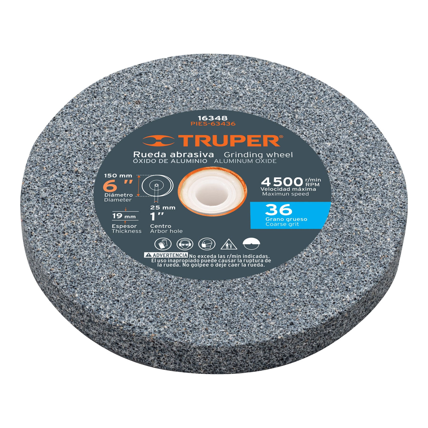 Rueda abrasiva p/esmeril 6"x19mm, óxido aluminio, grano 36