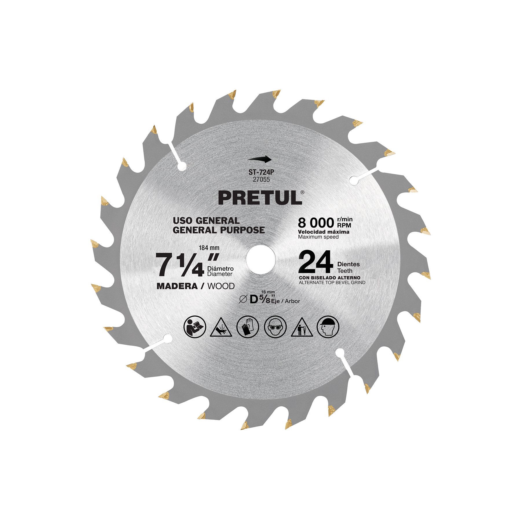 Disco sierra 7-1/4" p/madera, 24 dientes centro 5/8", PRETUL