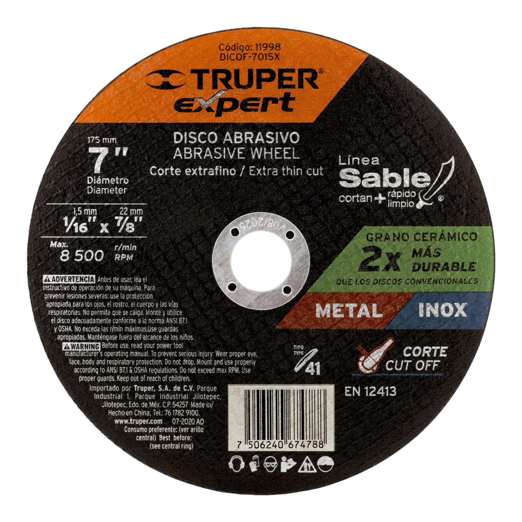 Disco abrasivo de corte preciso metal 7" x 1.5 mm, EXPERT