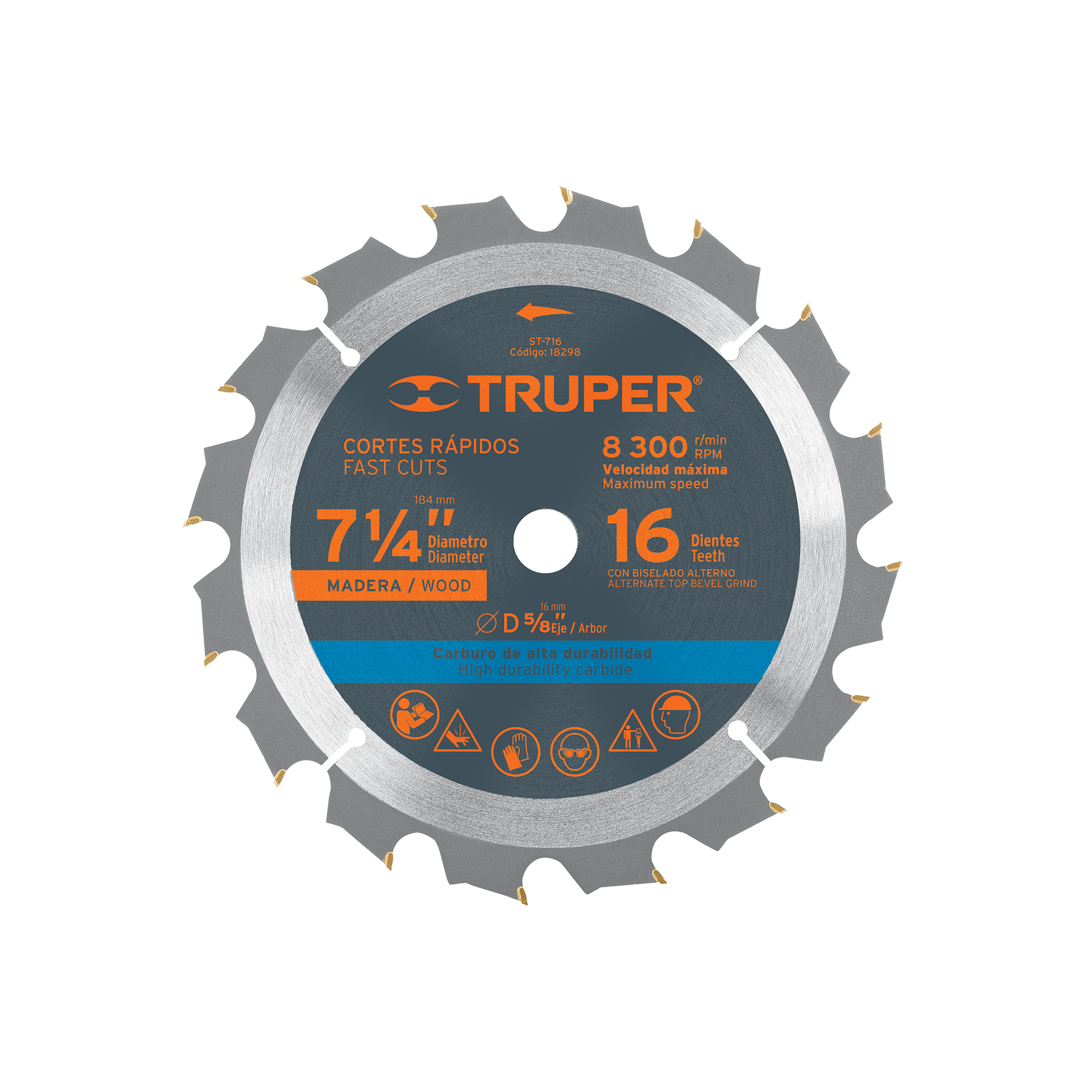 Disco sierra 7- 1/4" para madera, 16 dientes centro 5/8"
