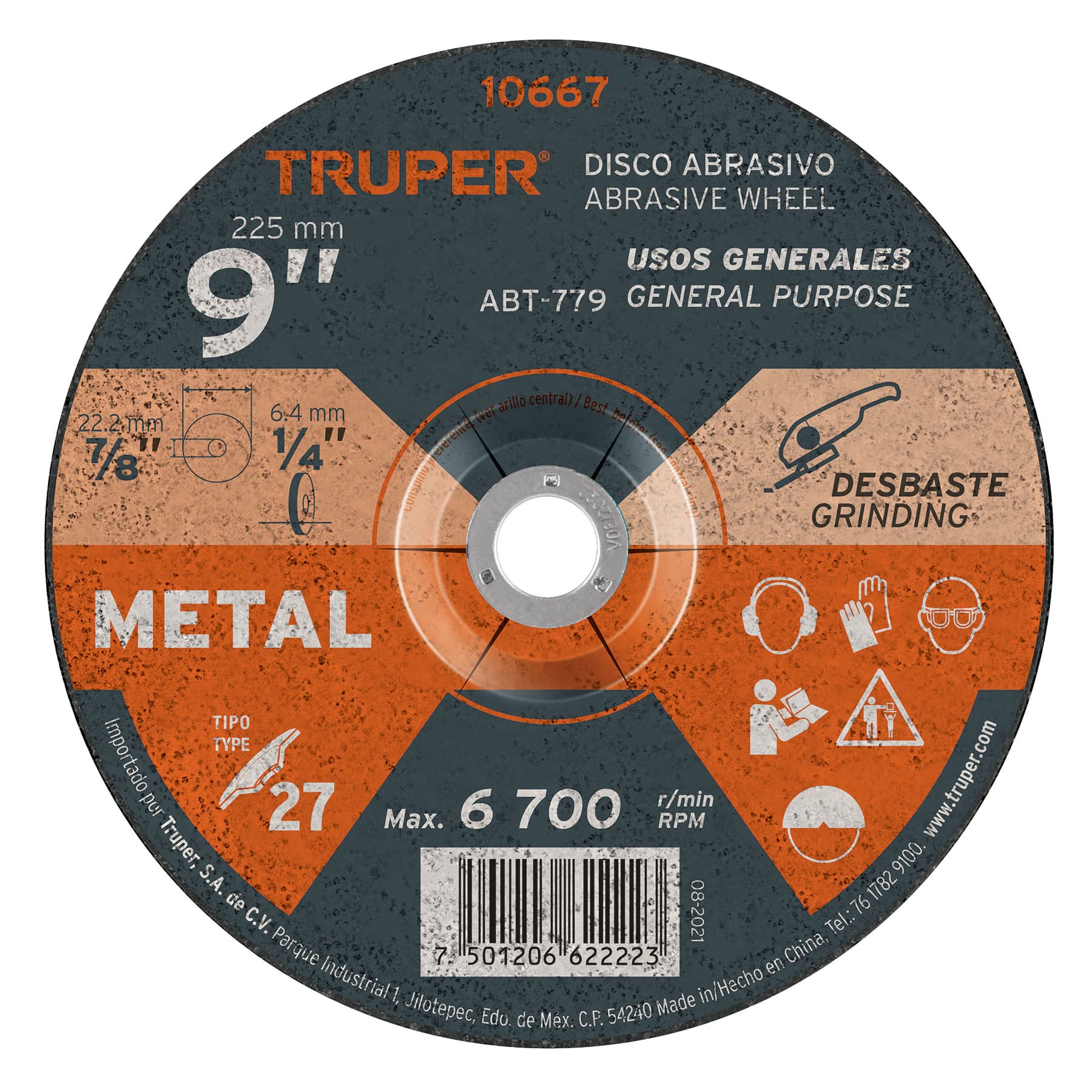 Disco Tipo 27 de 9" x 6.4 mm para desbaste de metal, TRUPER