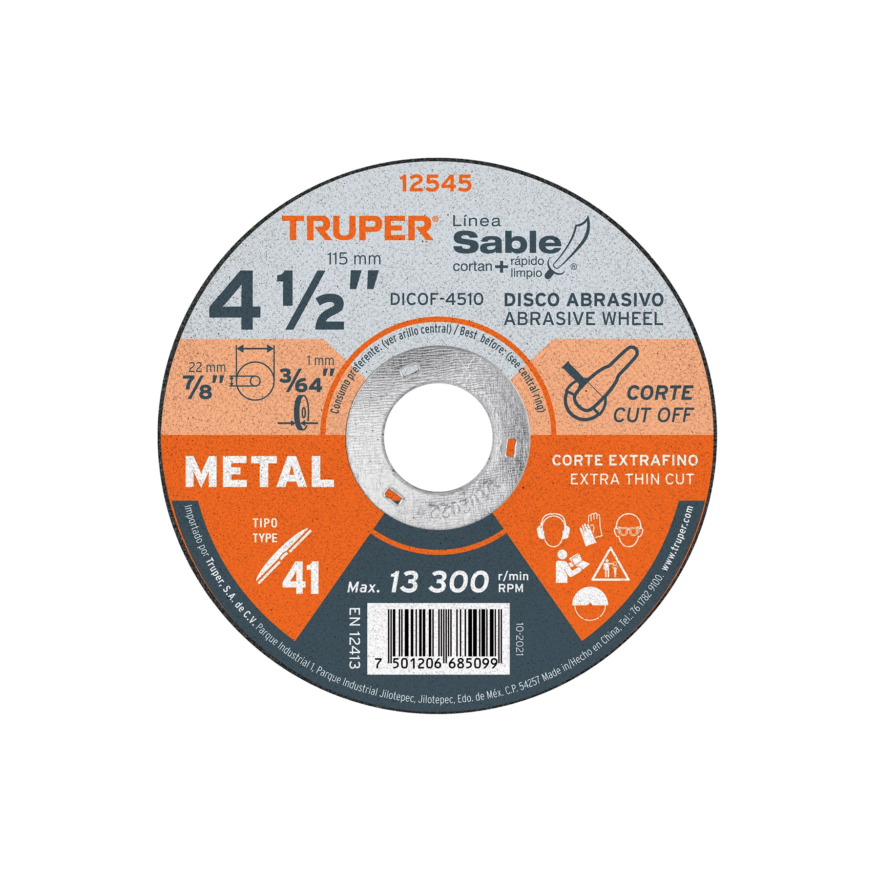 Disco abrasivo de corte preciso metal 4-1/2" x 1 mm, TRUPER