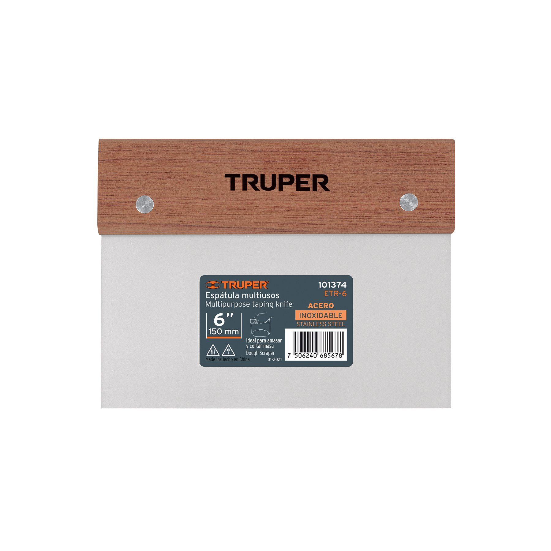 Espátula rectangular 6 x 3" acero inoxidable, mango madera