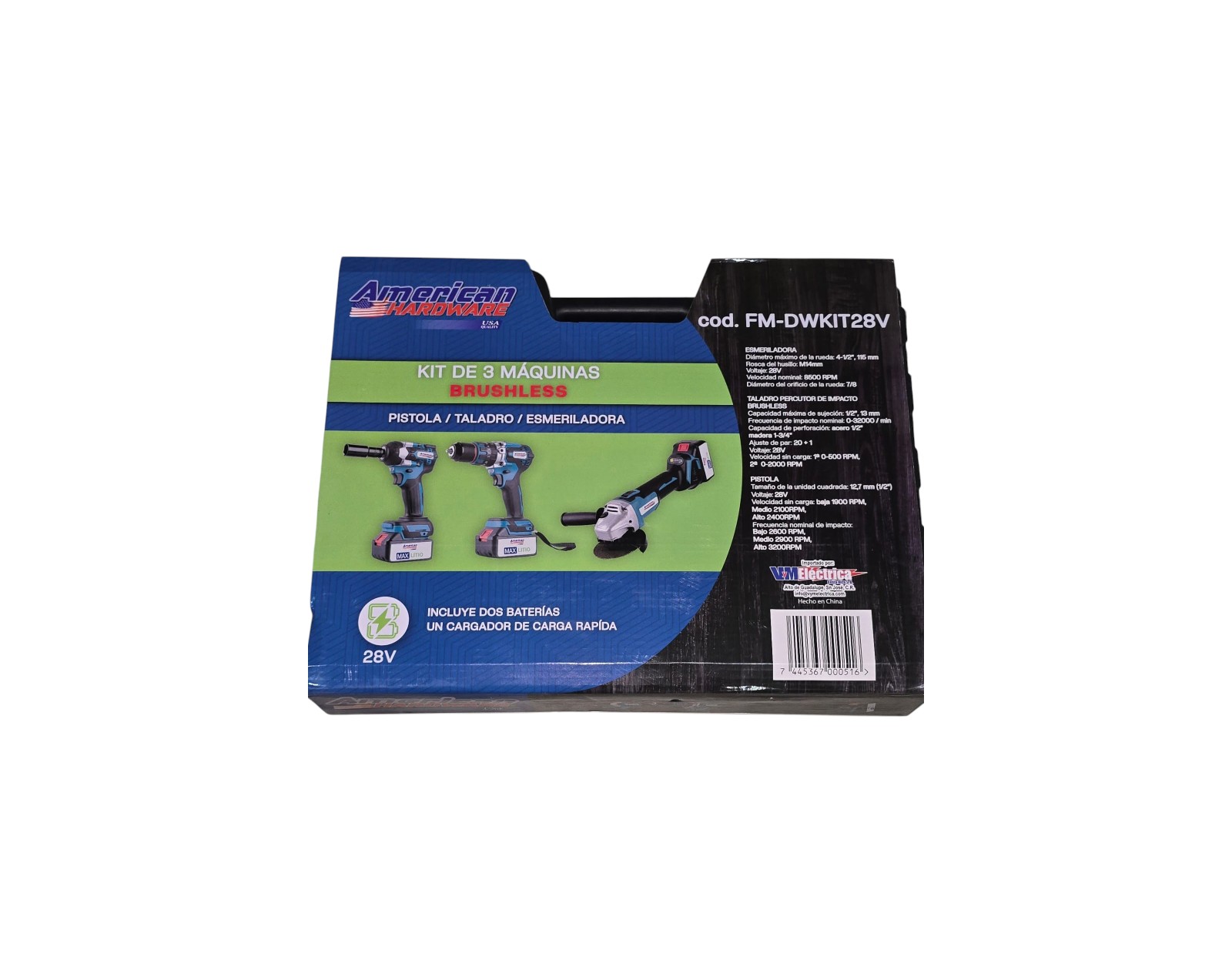 KIT INALAM TALADRO,ESMERILAD,Y PISTOLA IMPACTO BRUSHLESS 2 BAT FM-DWKIT AMERICAN