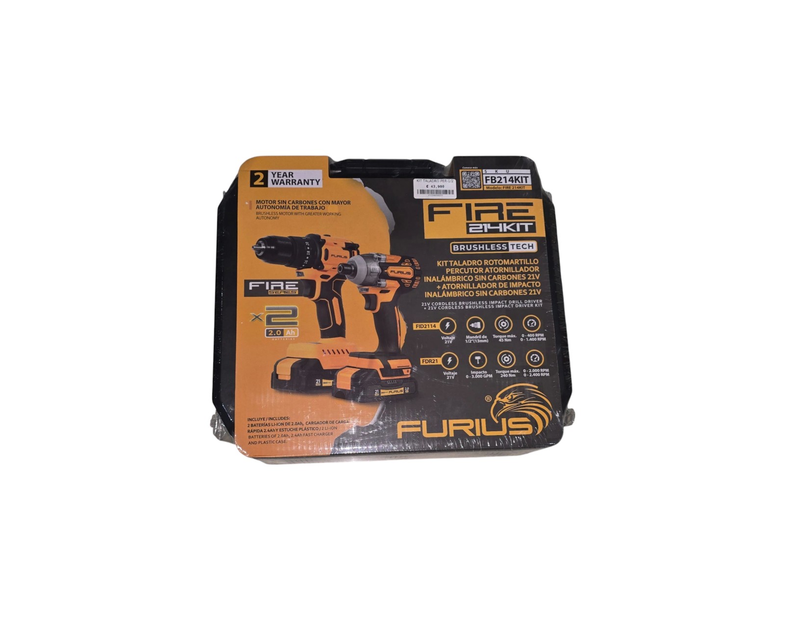 KIT TALADRO PER-1/2 45nm + ATORNILLADOR IMPACT 0-2000 FURIUS BAT-CAG HEFUFB214KIT