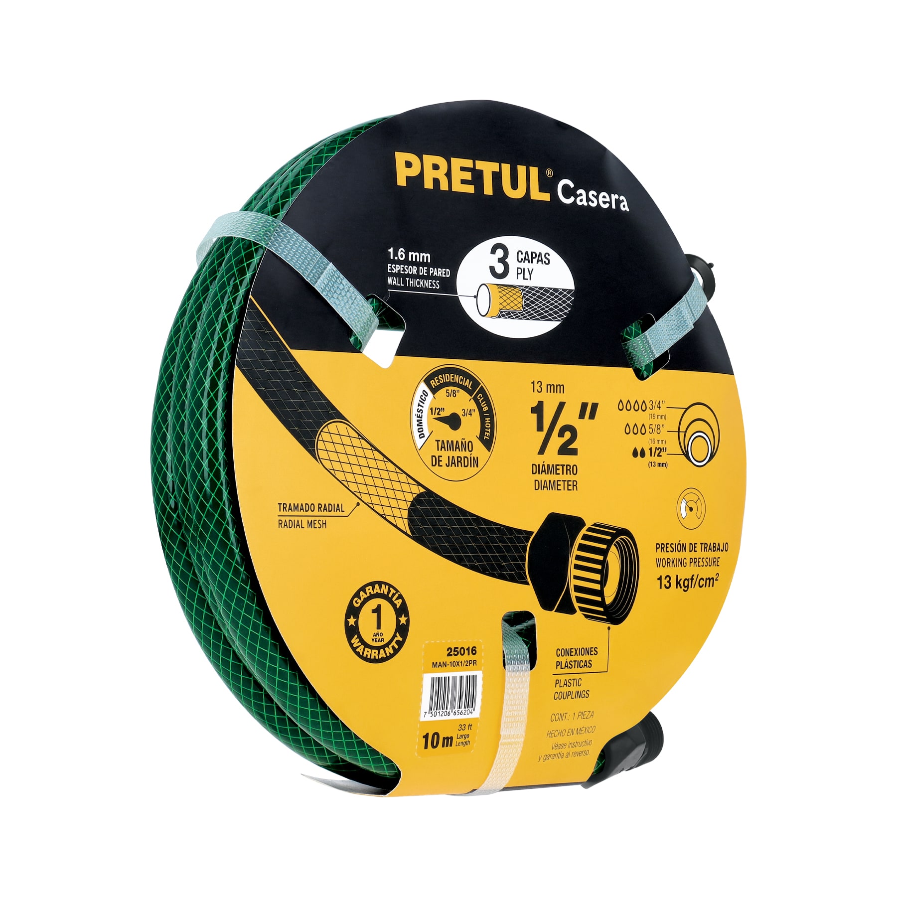 Manguera 1/2" reforzada 3 capas 10m conexiones plást, PRETUL
