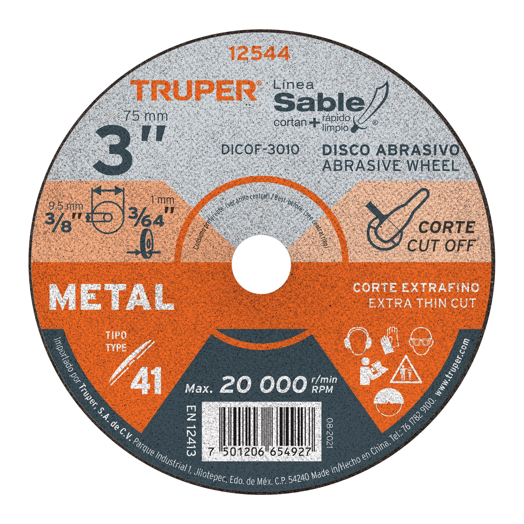Disco abrasivo de corte preciso metal 3" x 1 mm, TRUPER