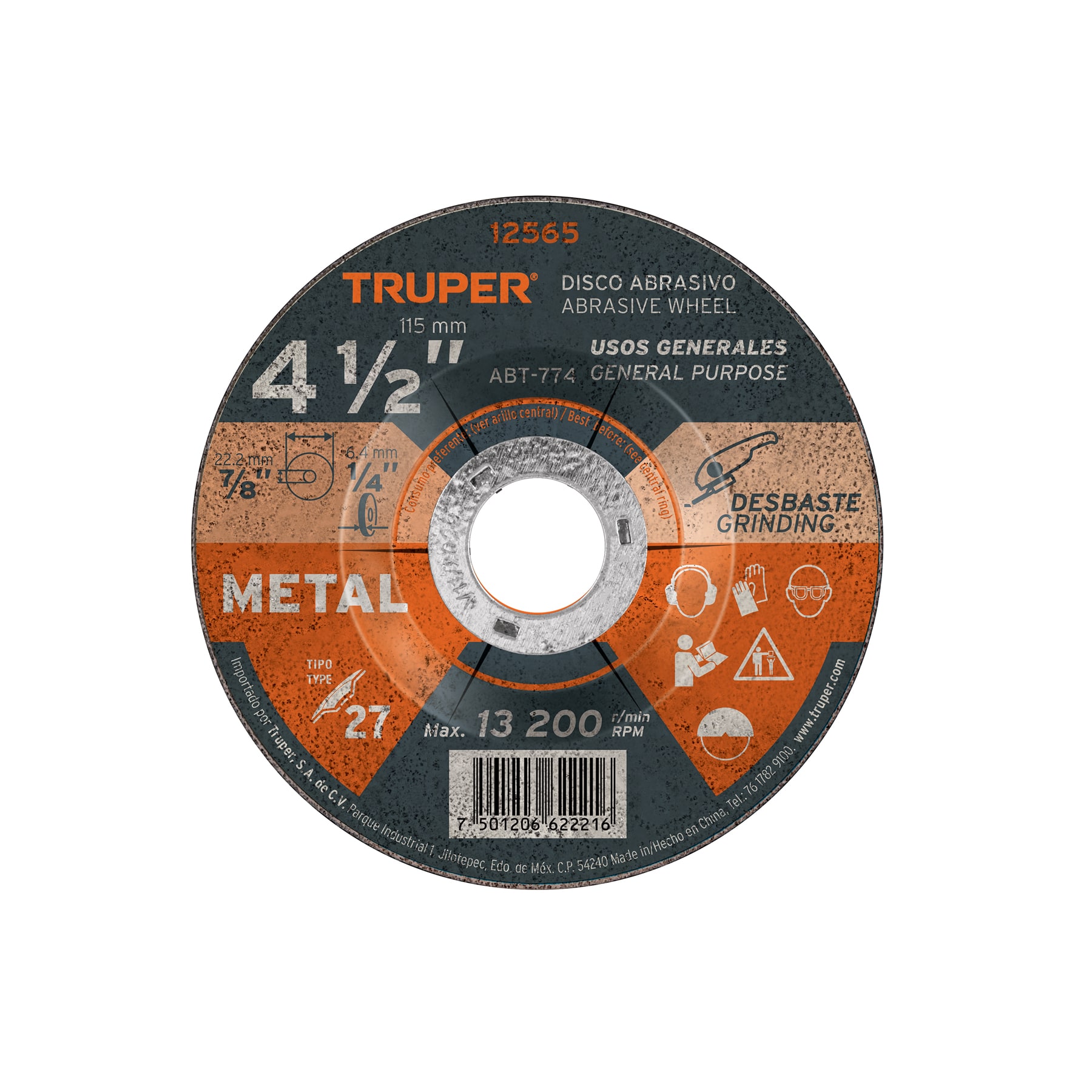 Disco Tipo 27 de 4-1/2" x 6.4 mm para desbaste de metal