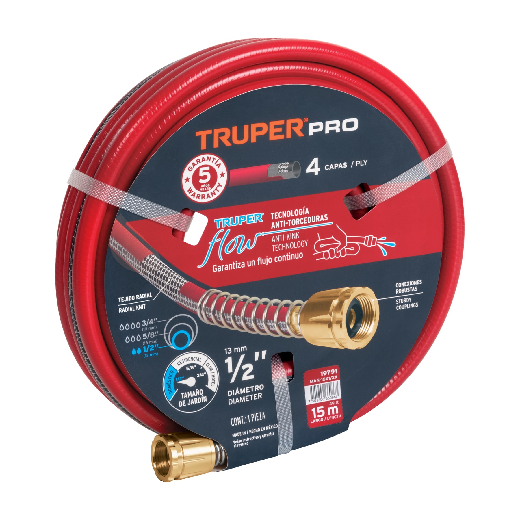 Manguera 1/2" super reforzada 4 capas 15 m conexiones metal
