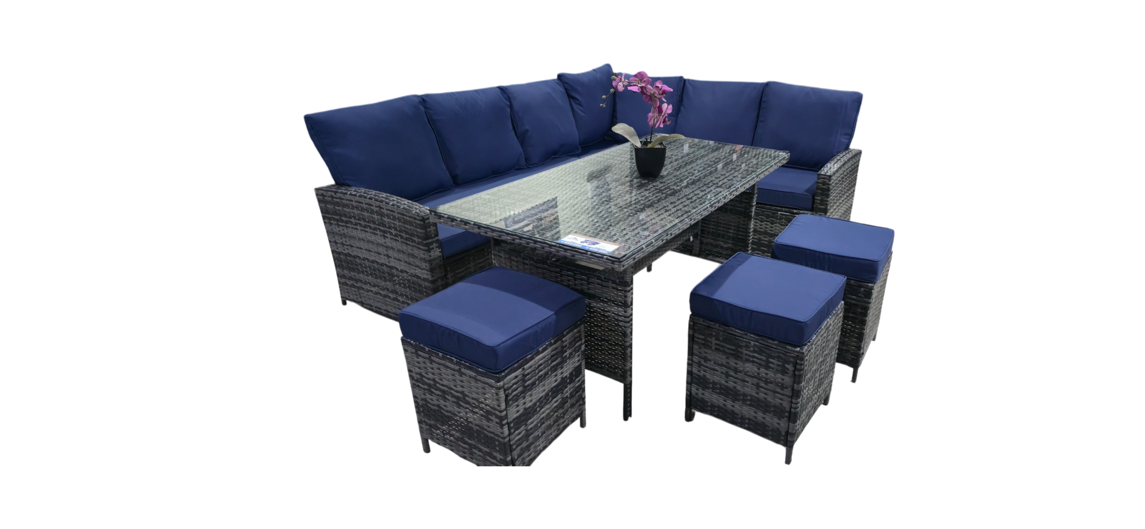 JUEGO TERRAZA 6 PIEZAS DINNING SET OUTTER, SOFA "L" ESQUINERO, 3 BUTAKAS, MESA VIDRIO TEMPLADO OUTTER TE12370