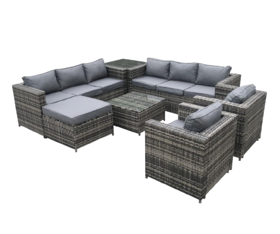 JUEGO TERRAZA 7 PIEZAS, 2 MESAS VIDRIO TEMPERAD, 2 SILLONES, 3 SOFAS, COJIN POLIESTER, RATAN OUTTER TE123803