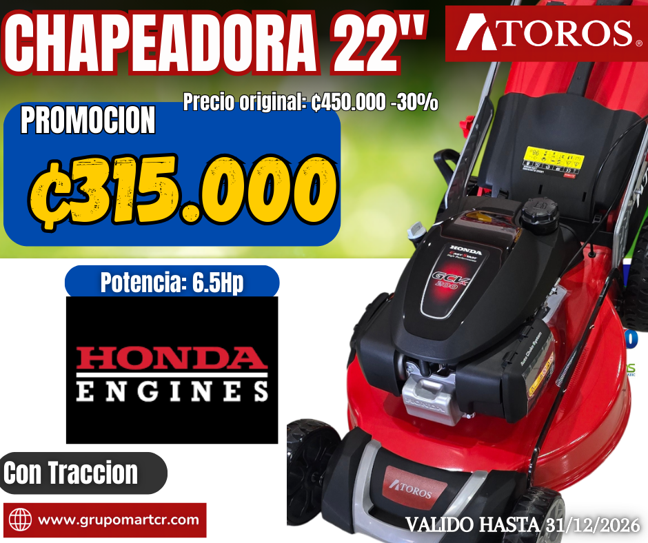 CHAPEADORA 22" 6.5HP (MOTOR HONDA) CON TRACCION 3 EN 1 GASOLINA ATOROS CHONDA220T
