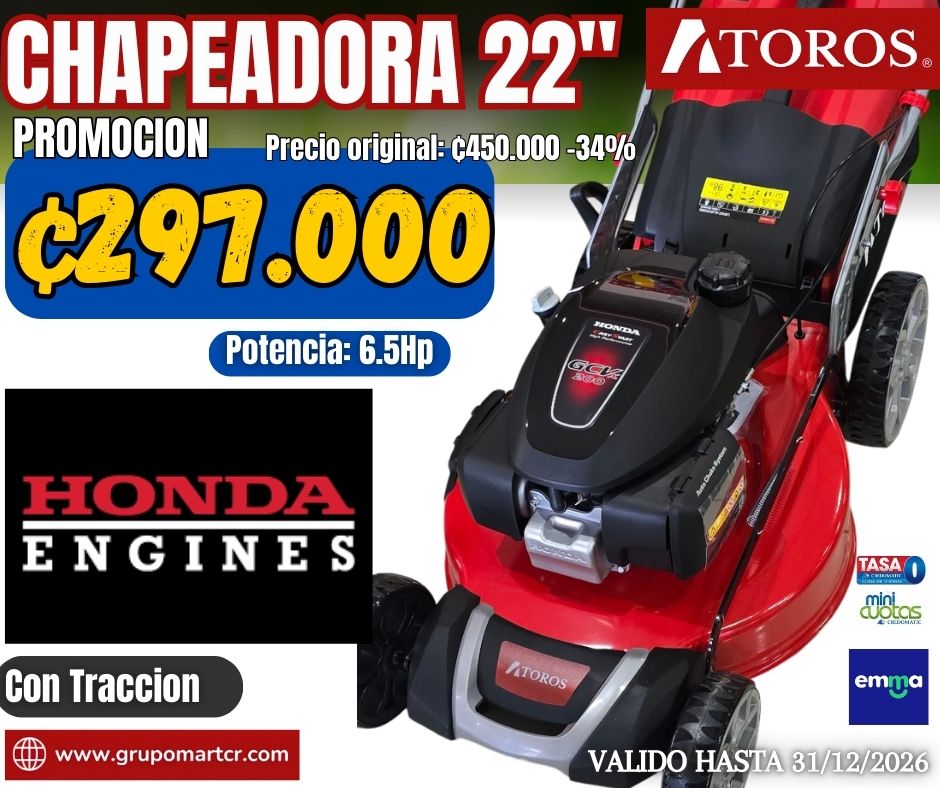 CHAPEADORA 22" 6.5HP (MOTOR HONDA) CON TRACCION 3 EN 1 GASOLINA ATOROS CHONDA220T